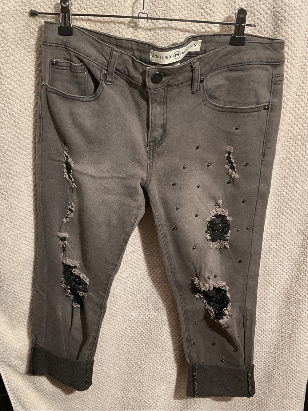 Ashley Mason Charcoal Distressed Cropped Jeans with Stud Embellishments